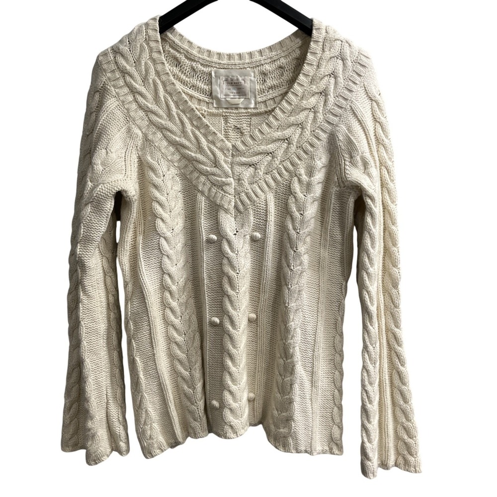 Old Navy Sweater Ivory Cable Knit Wool Blend Pullover V Neck Size XL Fisherman